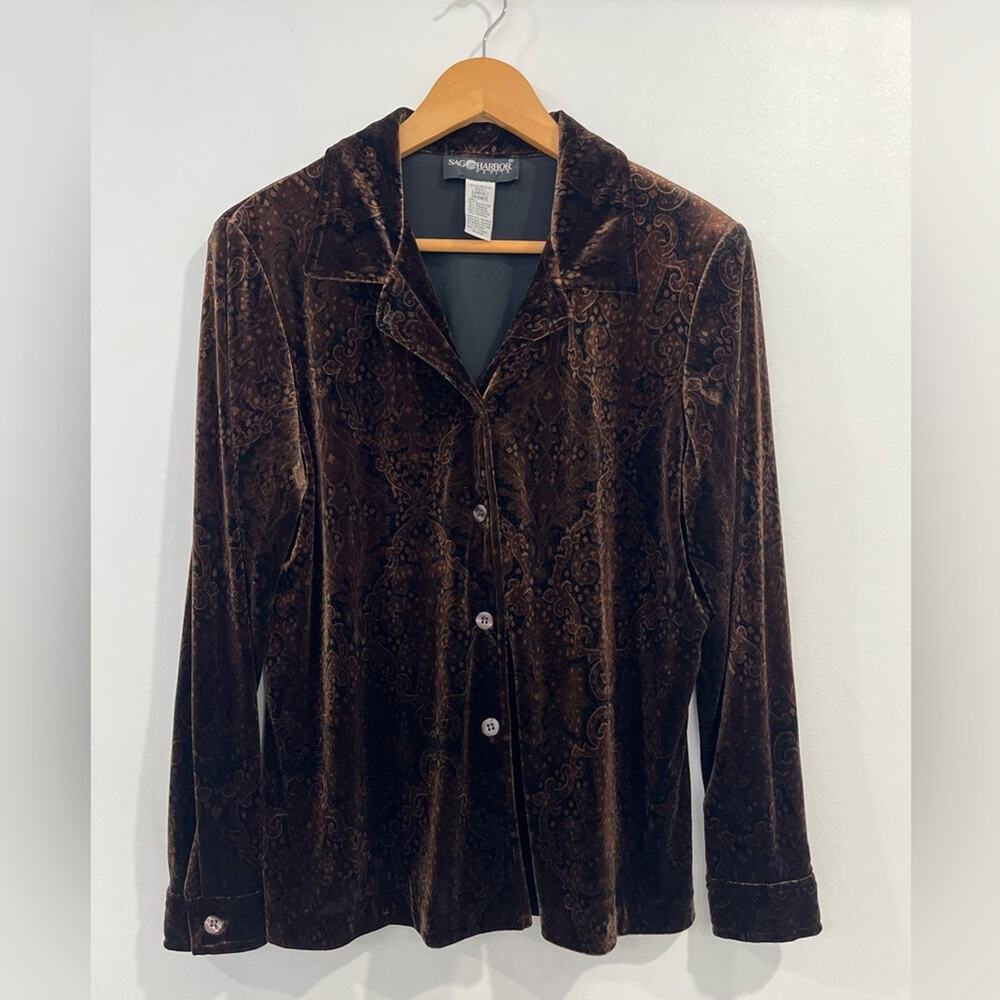 Sag Harbor Vintage Brown Velvet Paisley Long Sleeve Button Down Top L Petite‎